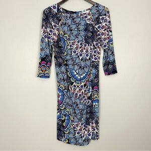 Joseph Ribkoff Peacock Print Knit Dress Women’s Size 8 Ruched Zippers Metallic